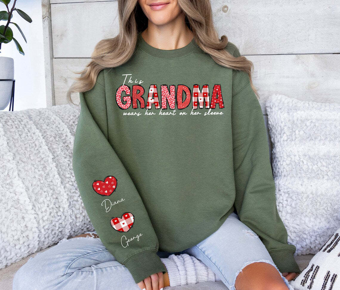 Custom This Mom Wears Her Heart On Her Sleeve Sweatshirt  Shirt with Names On Sleeve