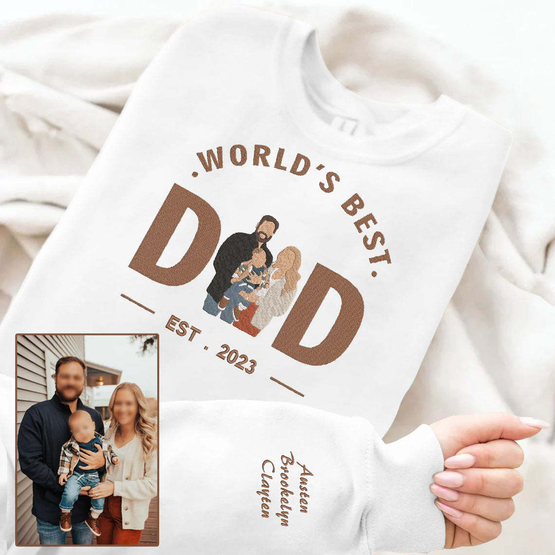 Father's Day World's Best Dad Personalized Embroidered Family Photo Hoodie Sweatshirt T-Shirt