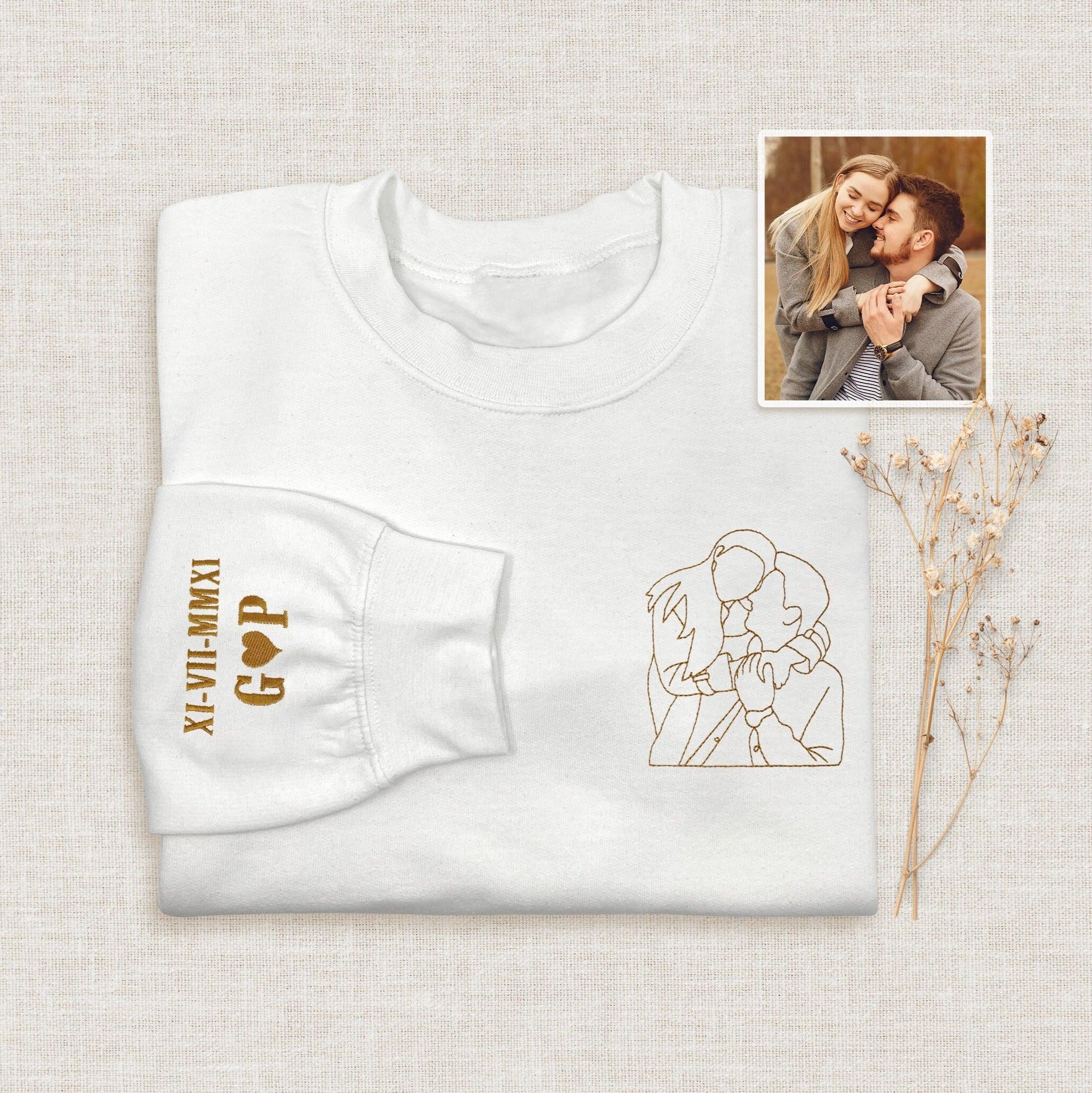 Custom Embroidered Sweatshirts For Couples, Personalized Embroidered Anniversary Date Photo Ouline Couple Sweatshirt