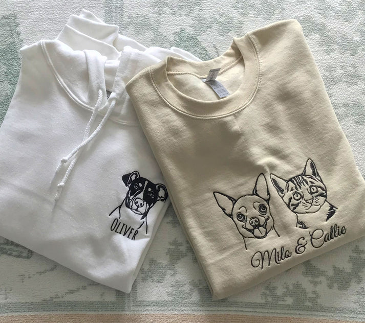 Custom Pet Portrait Embroidered Sweatshirt Hoodie Tee