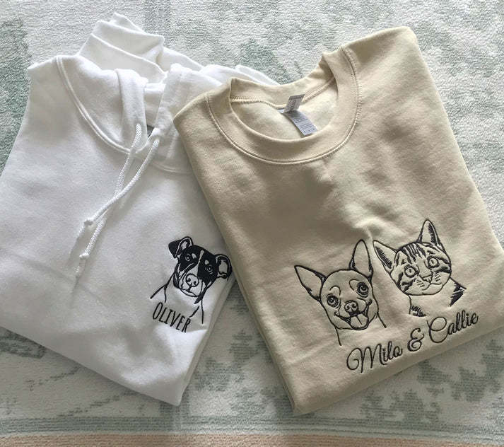Custom Pet Portrait Embroidered Sweatshirt Hoodie Tee
