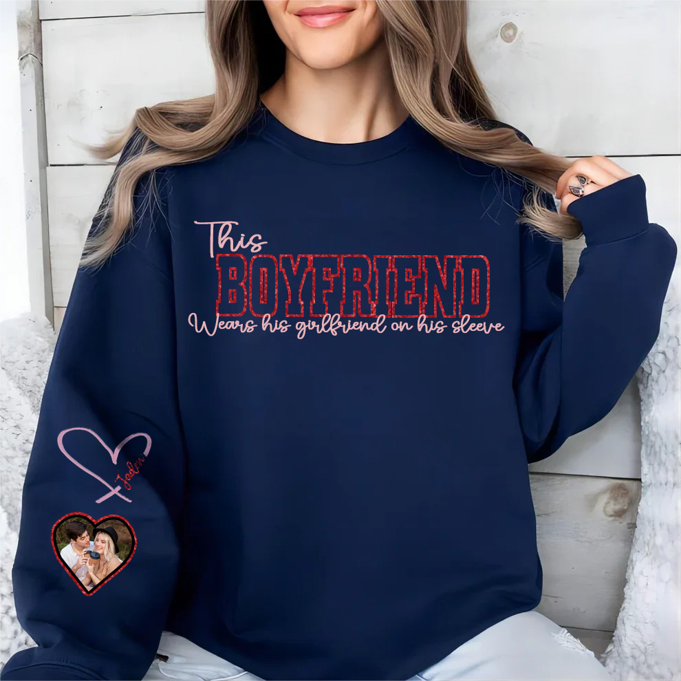 Wear Your Heart on Your Sleeve – Personalized Couple Photo Sweatshirt with Name on Sleeve