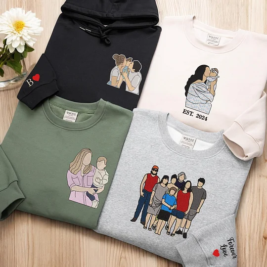 Custom Embroidered Portrait Sweatshirt – Personalized Family Gift for Dad & Mom