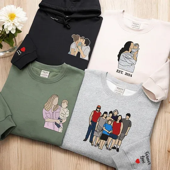 Custom Embroidered Portrait Sweatshirt – Personalized Family Gift for Dad & Mom