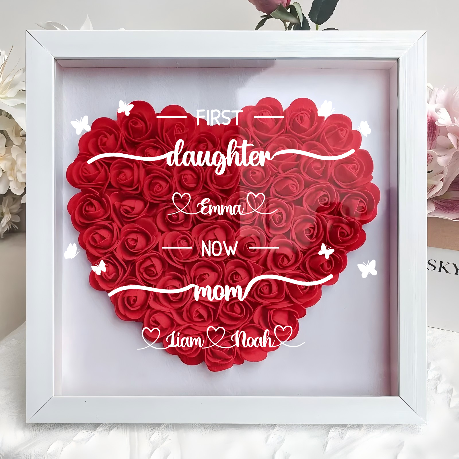 First daughter Now mom - Personalized Flower Shadow Box