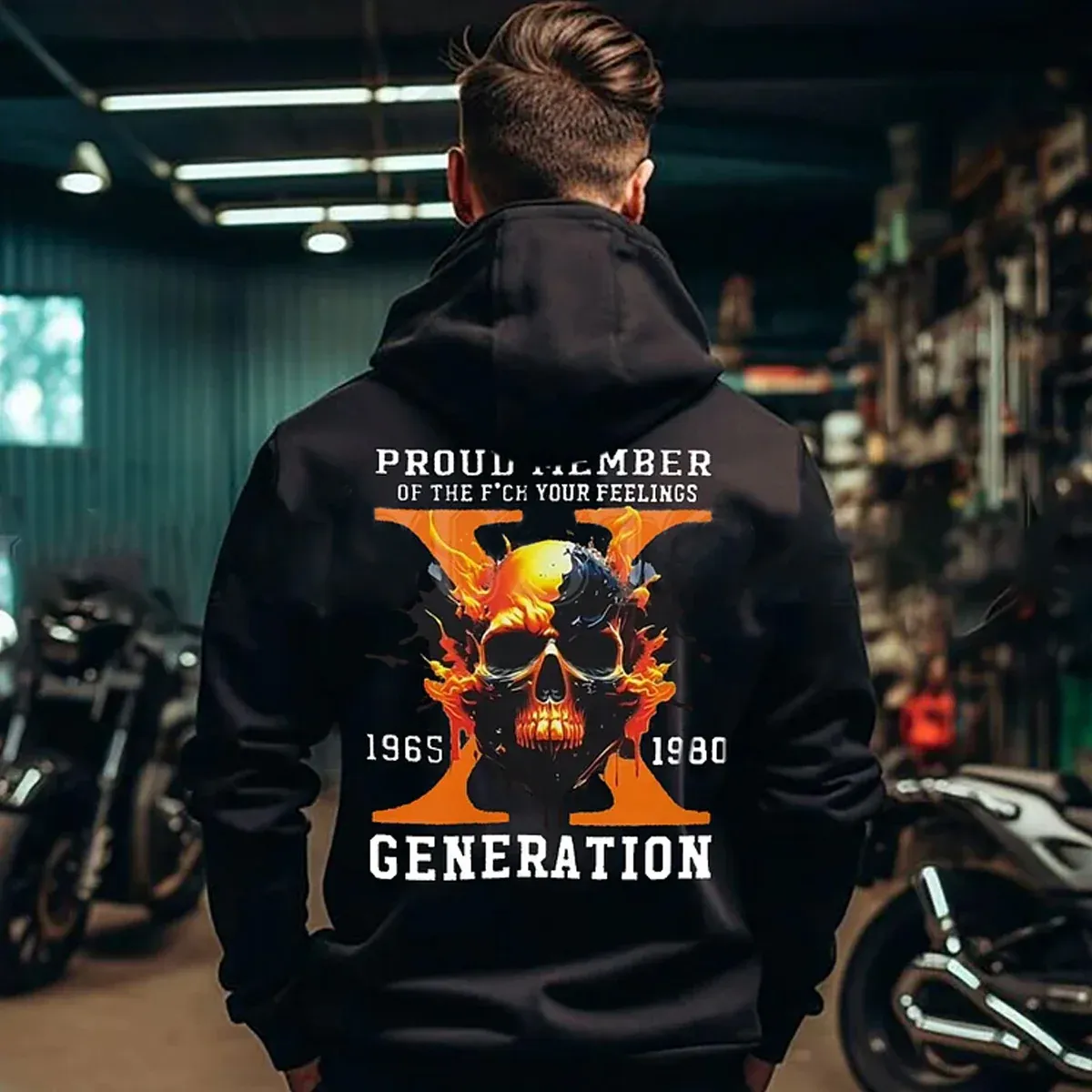 Custom Est Year Gen X Flaming Skull Proud Member Fck Your Feelings Generation Sweatshirt/T-shirt