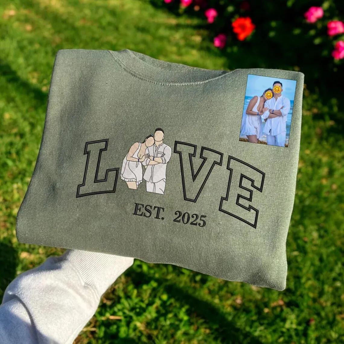 Personalized Embroidered Photo Couple LOVE Est Year Crewneck/Hoodie/T-shirt
