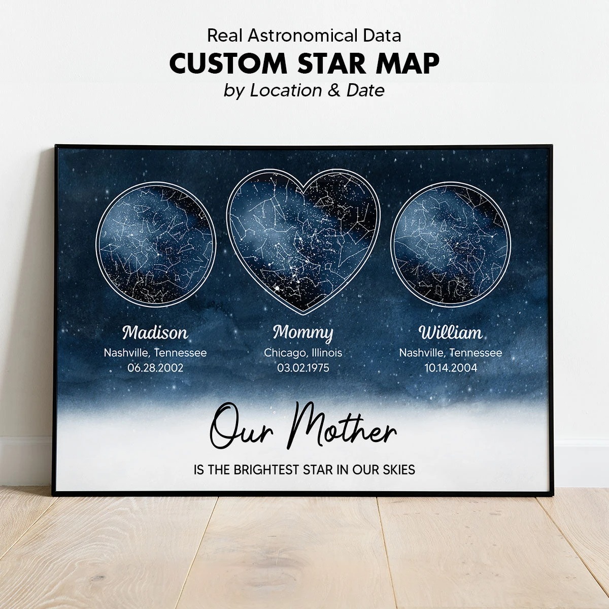 Mom The Brightest Star Custom Star Map by Location & Date, Real Astronomical Data, Personalized Frame