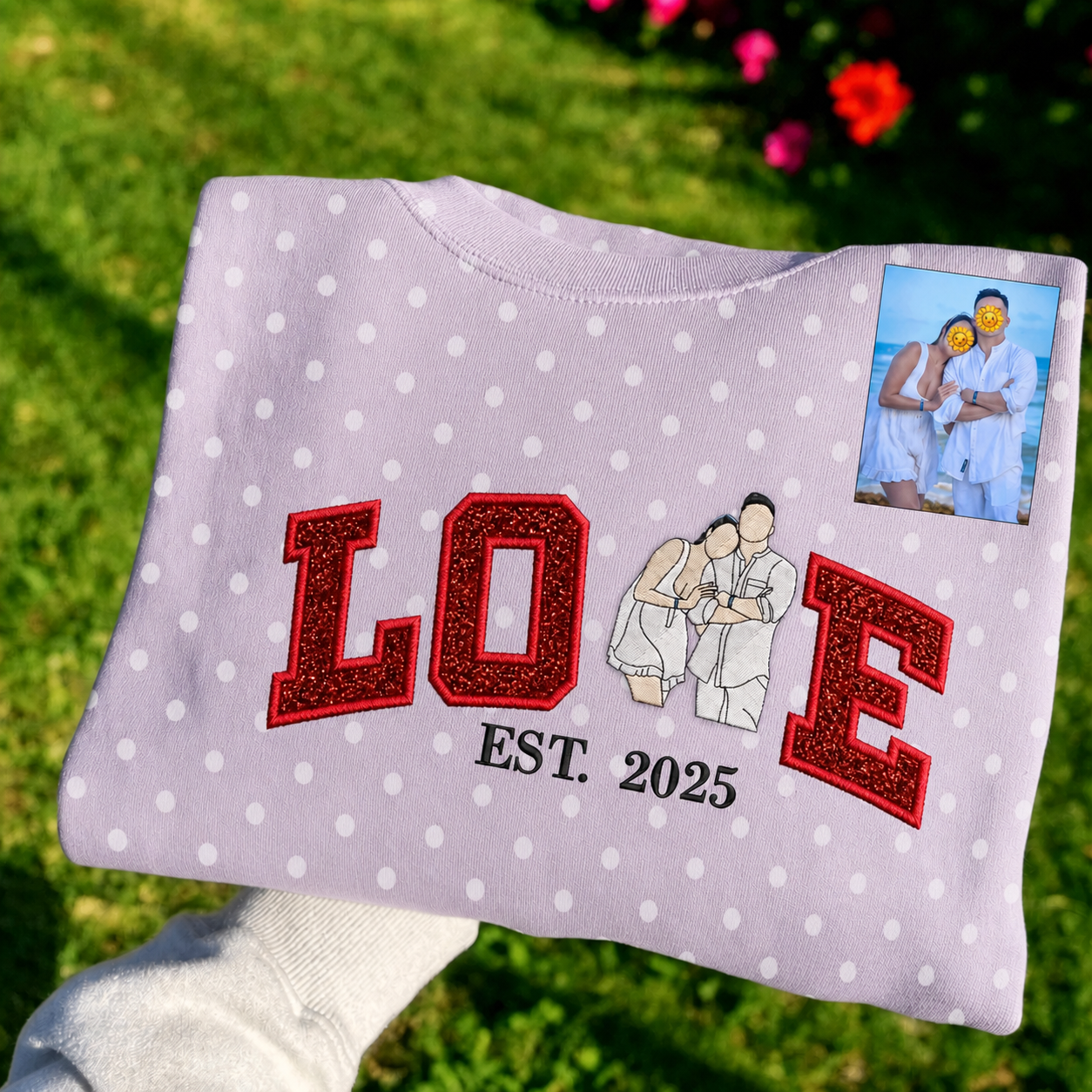 Custom Couple Love Sweatshirt with Sequins & Embroidery - Personalized Photo Sweatshirt with Polka Dots - Anniversary Gift for Him & Her