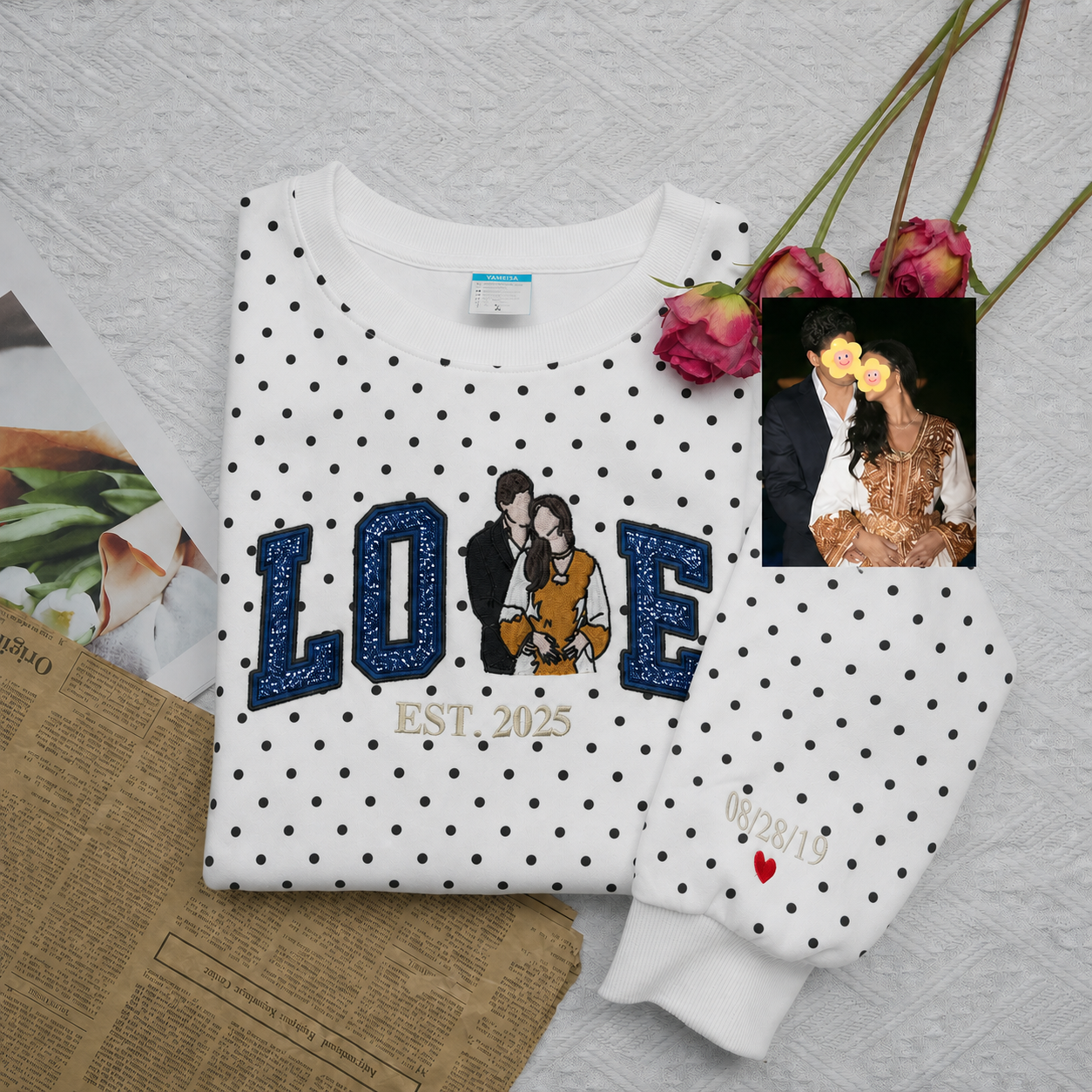 Custom Couple Love Sweatshirt with Sequins & Embroidery - Personalized Photo Sweatshirt with Polka Dots - Anniversary Gift for Him & Her