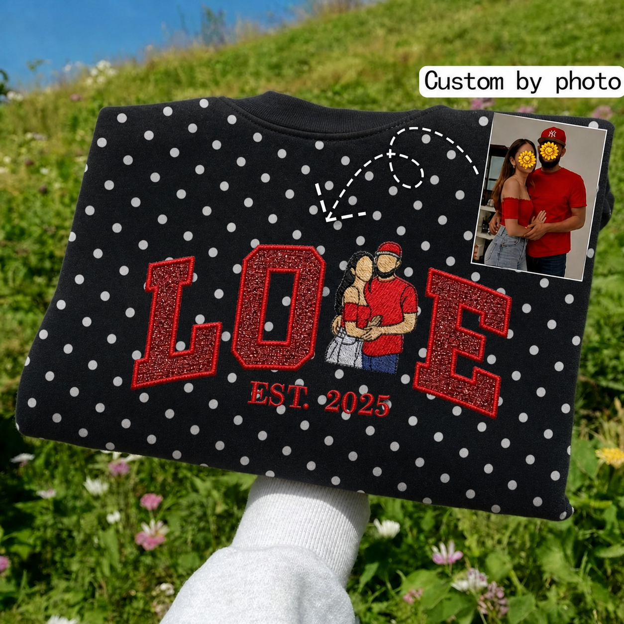 Custom Couple Love Sweatshirt with Sequins & Embroidery - Personalized Photo Sweatshirt with Polka Dots - Anniversary Gift for Him & Her
