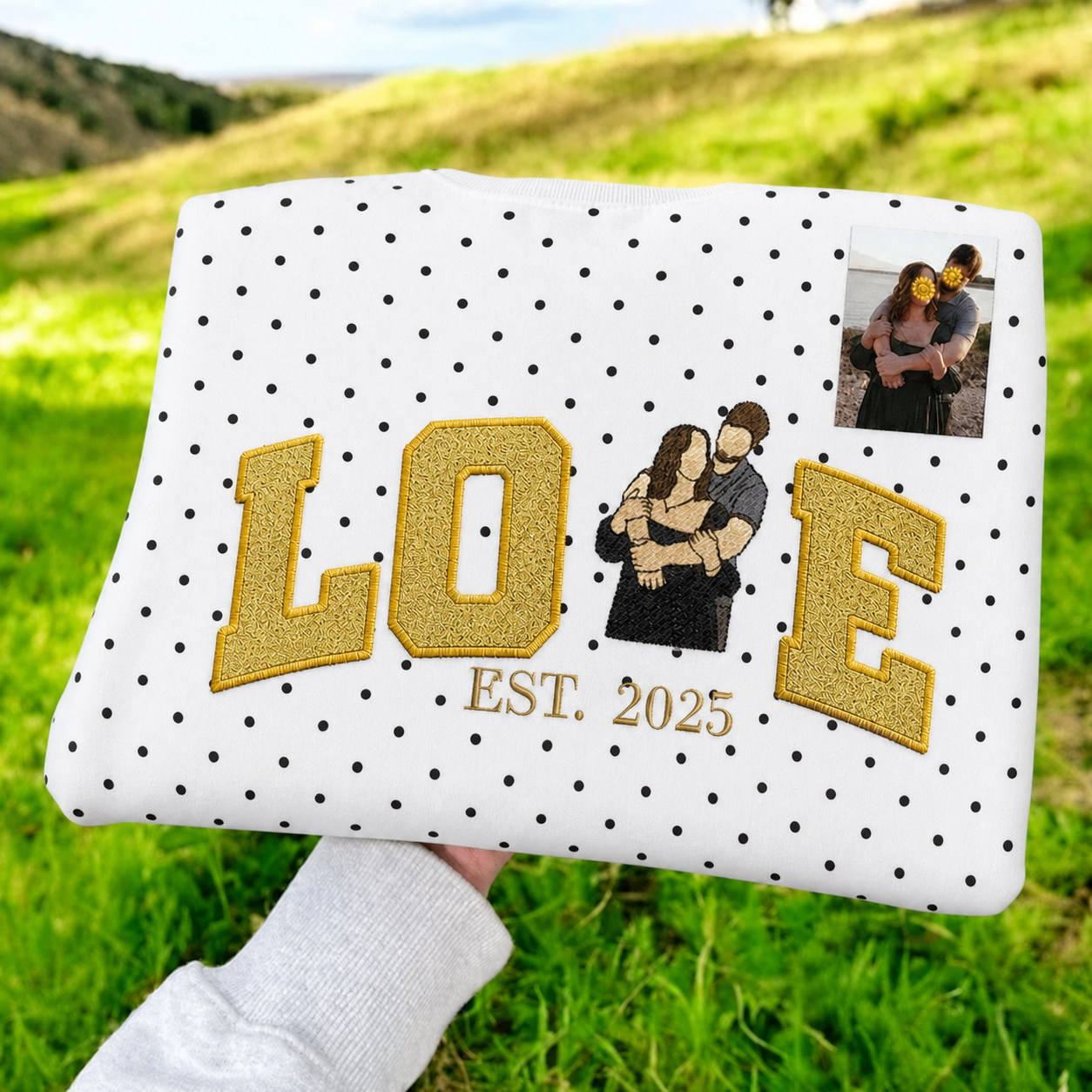 Custom Couple Love Sweatshirt with Sequins & Embroidery - Personalized Photo Sweatshirt with Polka Dots - Anniversary Gift for Him & Her