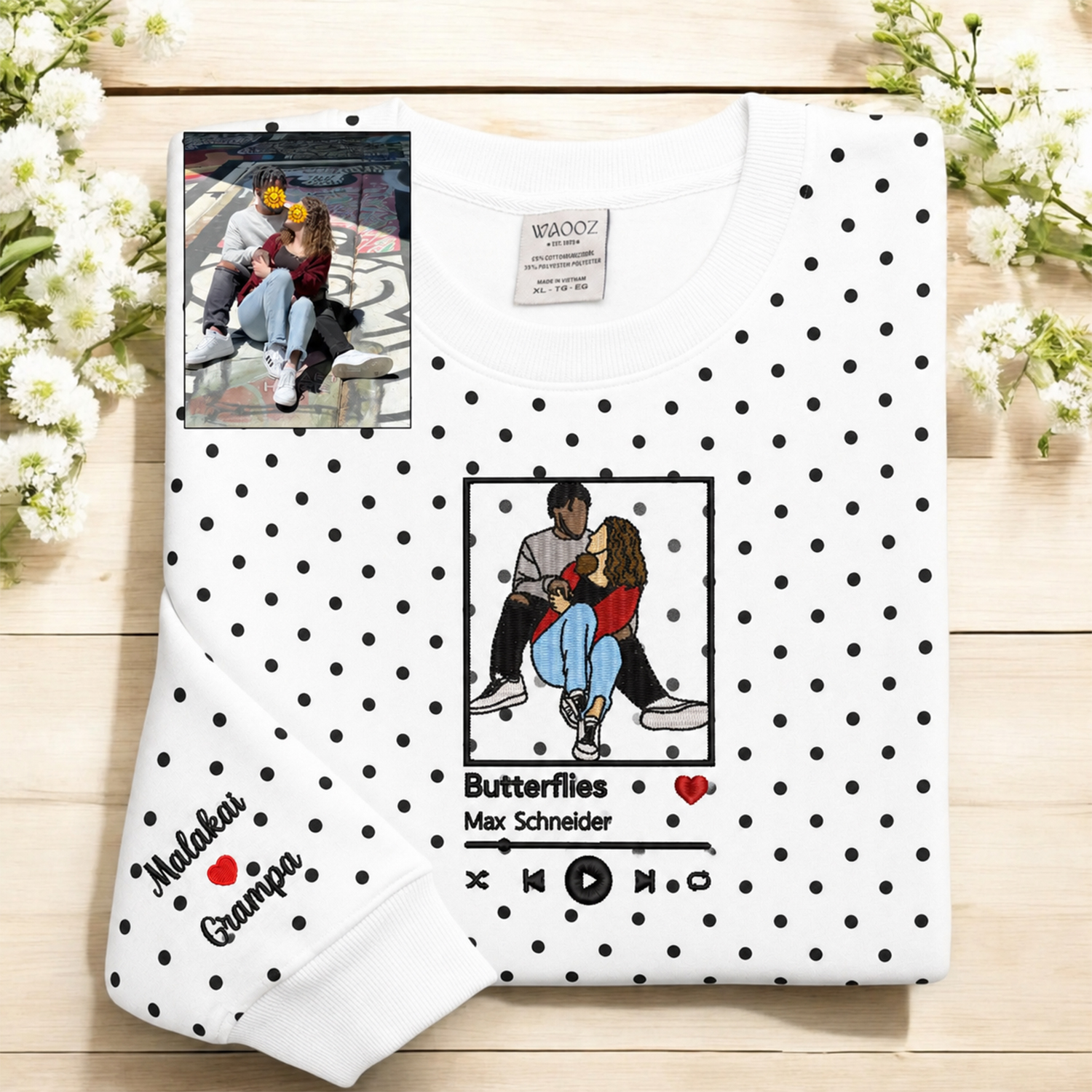 Custom Polka Dot Embroidered Portrait Sweatshirt - Personalized Couple Photo Hoodie with Song Lyrics