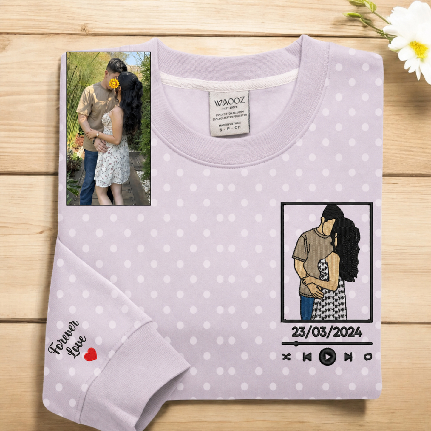 Custom Polka Dot Embroidered Portrait Sweatshirt - Personalized Couple Photo Hoodie with Song Lyrics