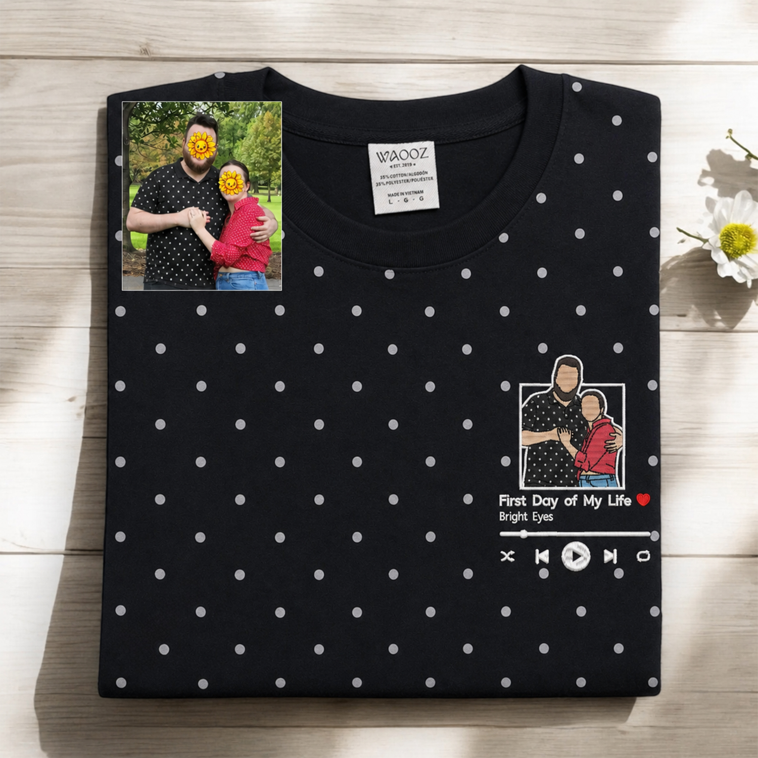 Custom Polka Dot Embroidered Portrait Sweatshirt - Personalized Couple Photo Hoodie with Song Lyrics