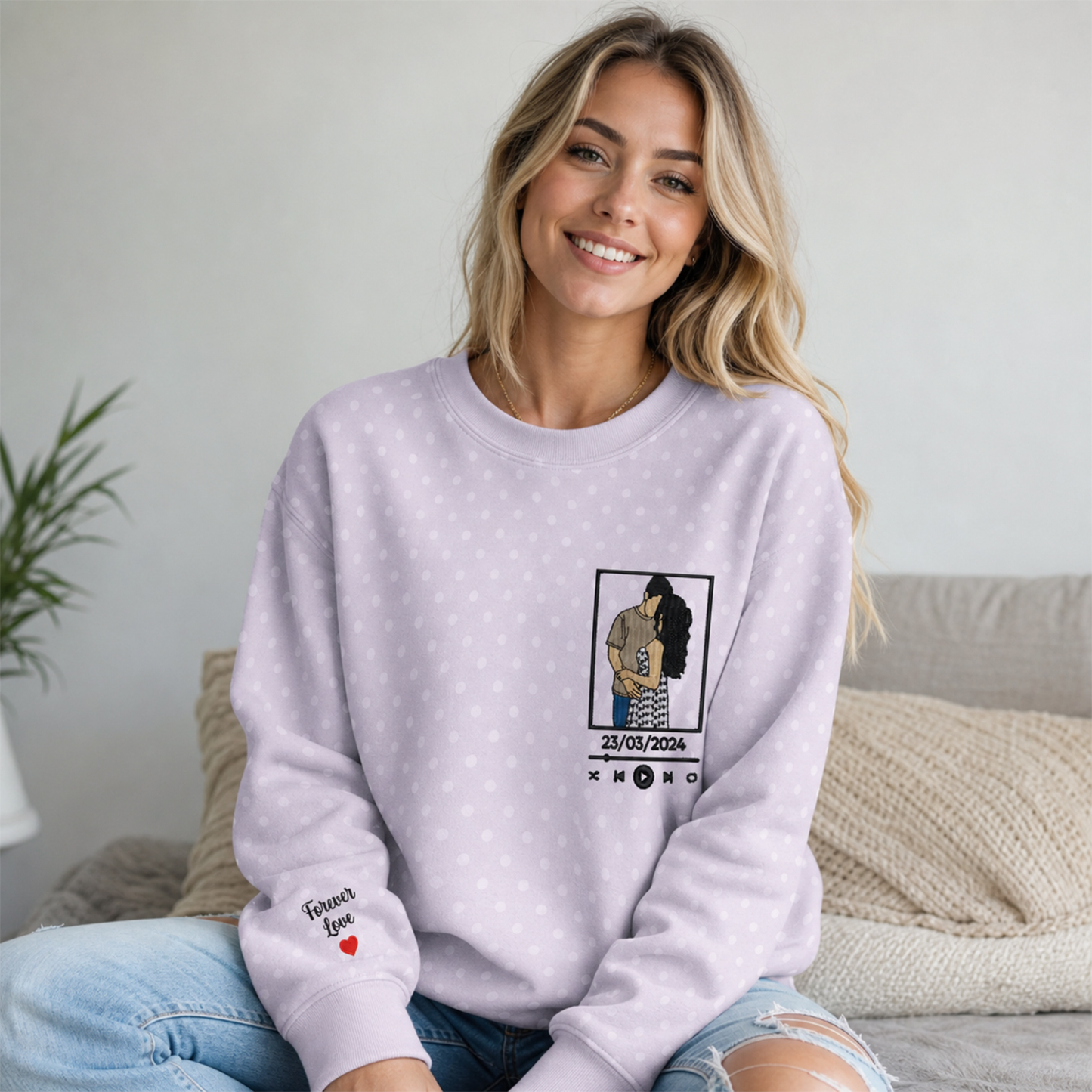 Custom Polka Dot Embroidered Portrait Sweatshirt - Personalized Couple Photo Hoodie with Song Lyrics