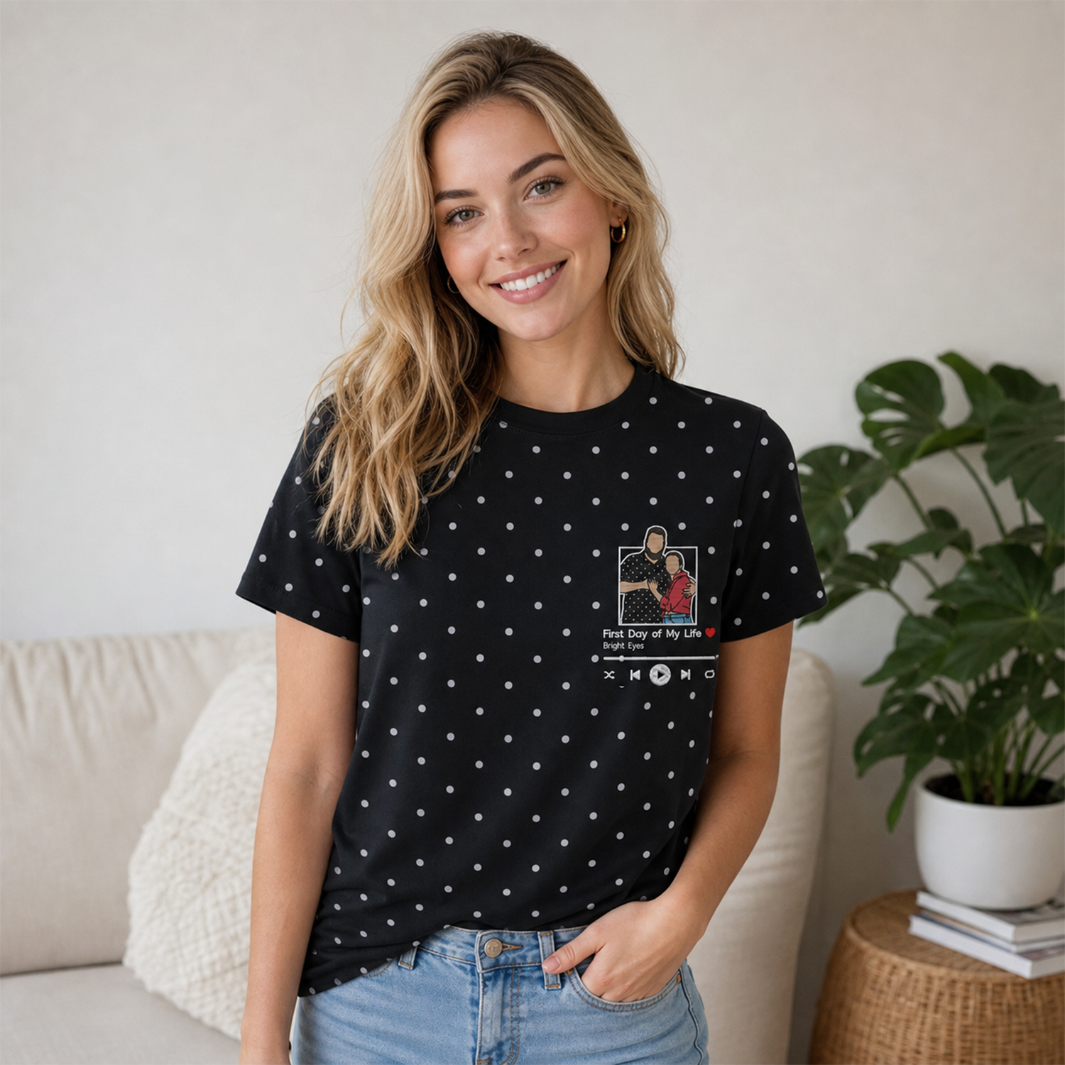Custom Polka Dot Embroidered Portrait Sweatshirt - Personalized Couple Photo Hoodie with Song Lyrics