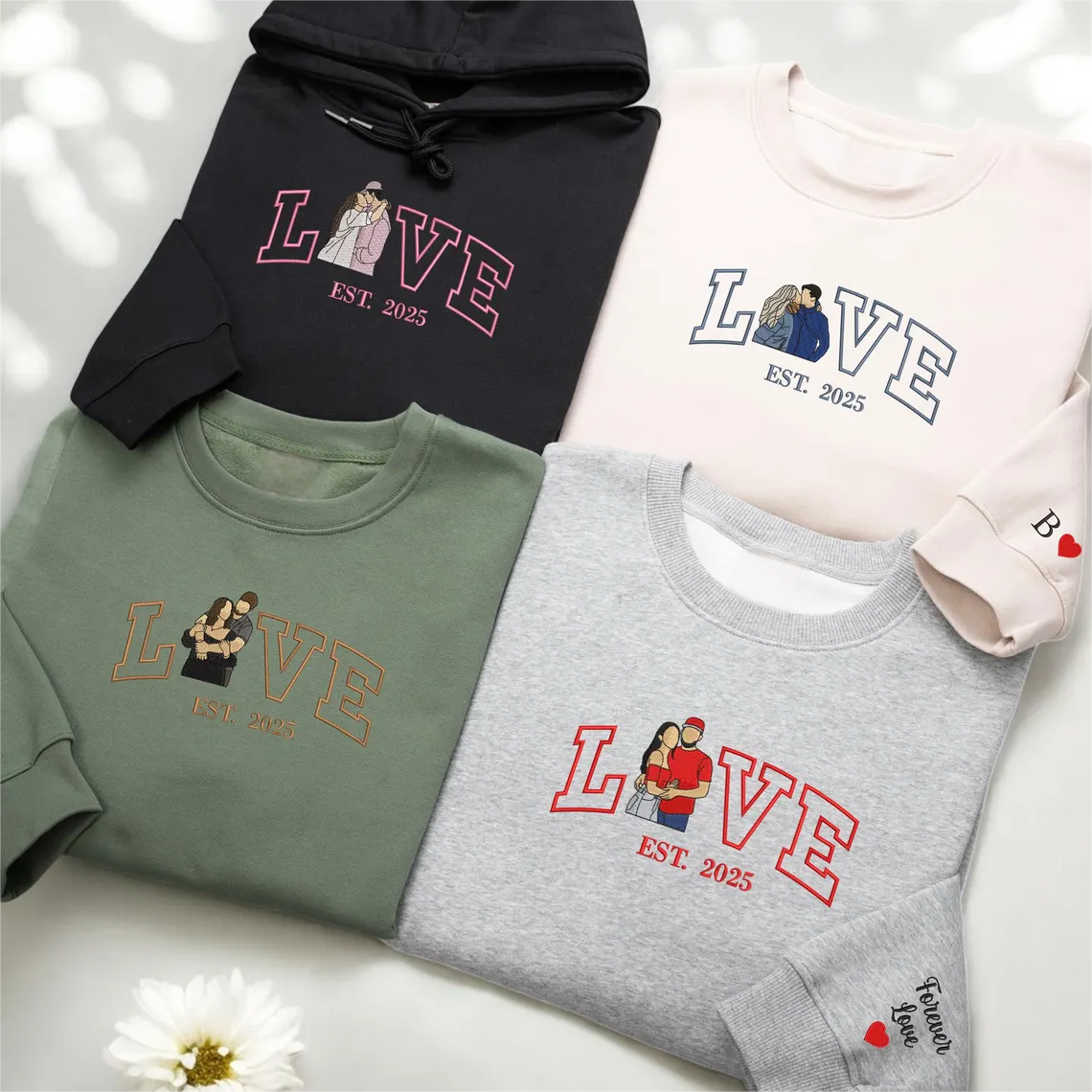 Personalized Embroidered Photo Couple LOVE Est Year Crewneck/Hoodie/T-shirt