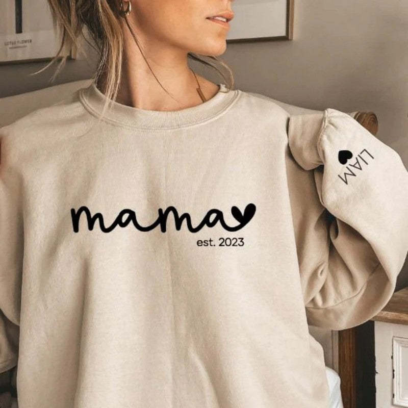 Custom Est Year Mama Sweatshirt with Children's Names on the Sleeve