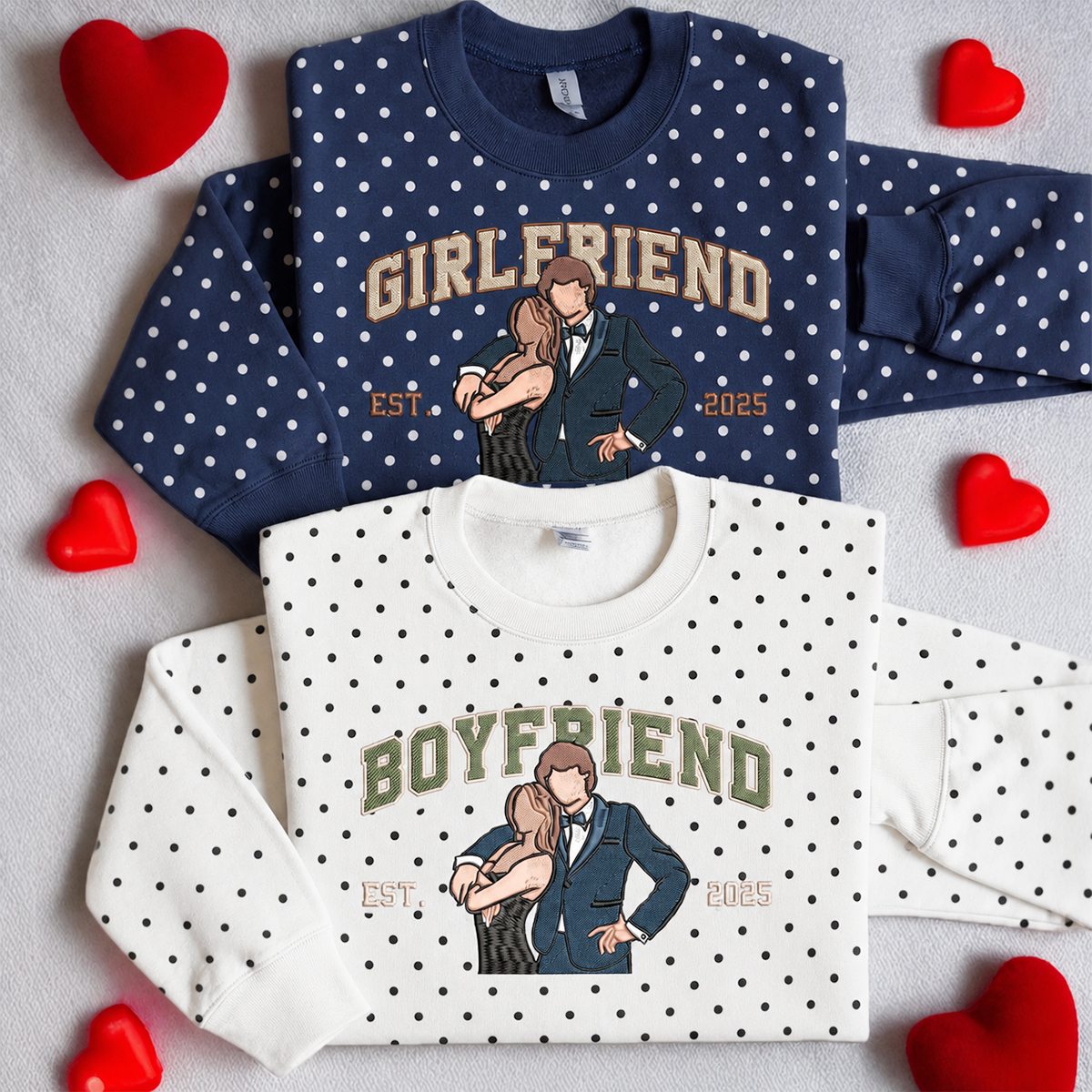 [Copy]Custom Polka Dot Embroidered Portrait Sweatshirt - Personalized Couple Photo Hoodie with Song Lyrics
