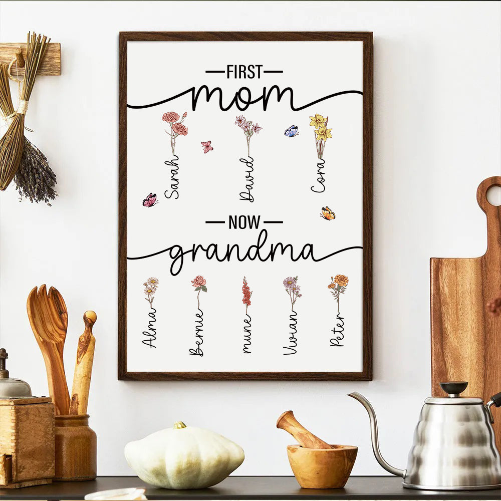 First Mom Now Grandma-Birth Flower Family Personalized Names Frame
