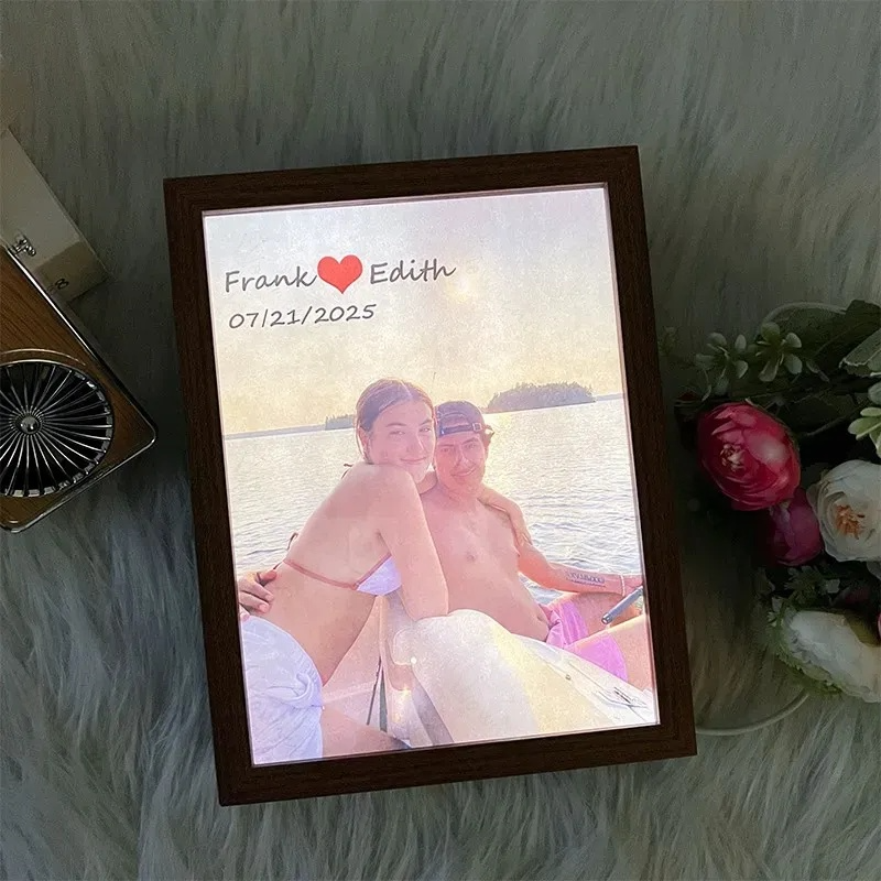 Custom Couple Photo Mirror Light Wooden Box