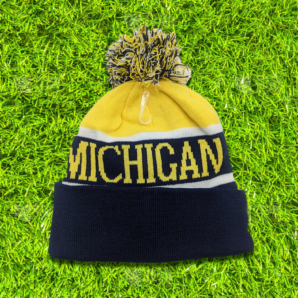 Michigan Winter Beanie Stocking Cap - Pom Pom - Warm, Soft, Knitted - Blue