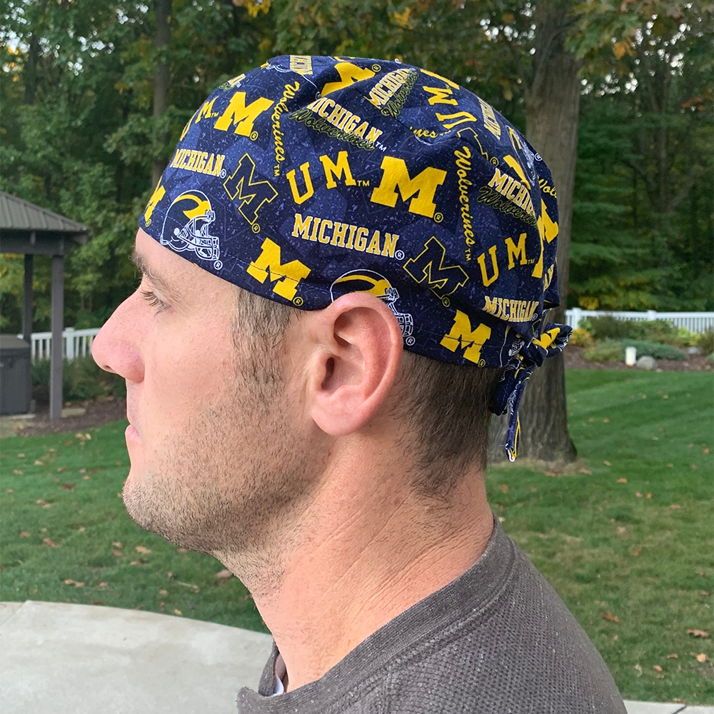 University of Michigan U of M wolverines maize blue skull scrub hat surgery surgical cap OR washable cotton men’s