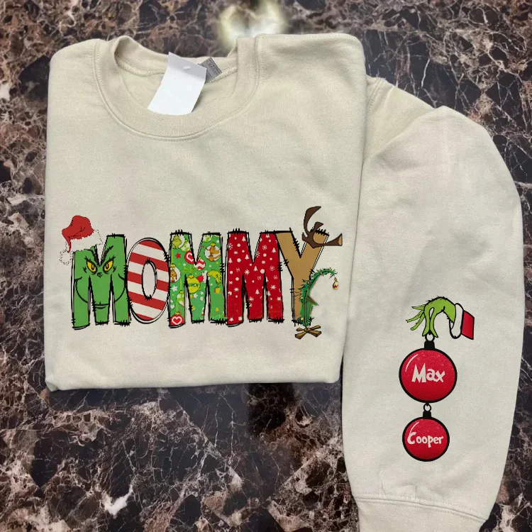Custom Mama Christmas Sweatshirt With Kids Names On Sleeve