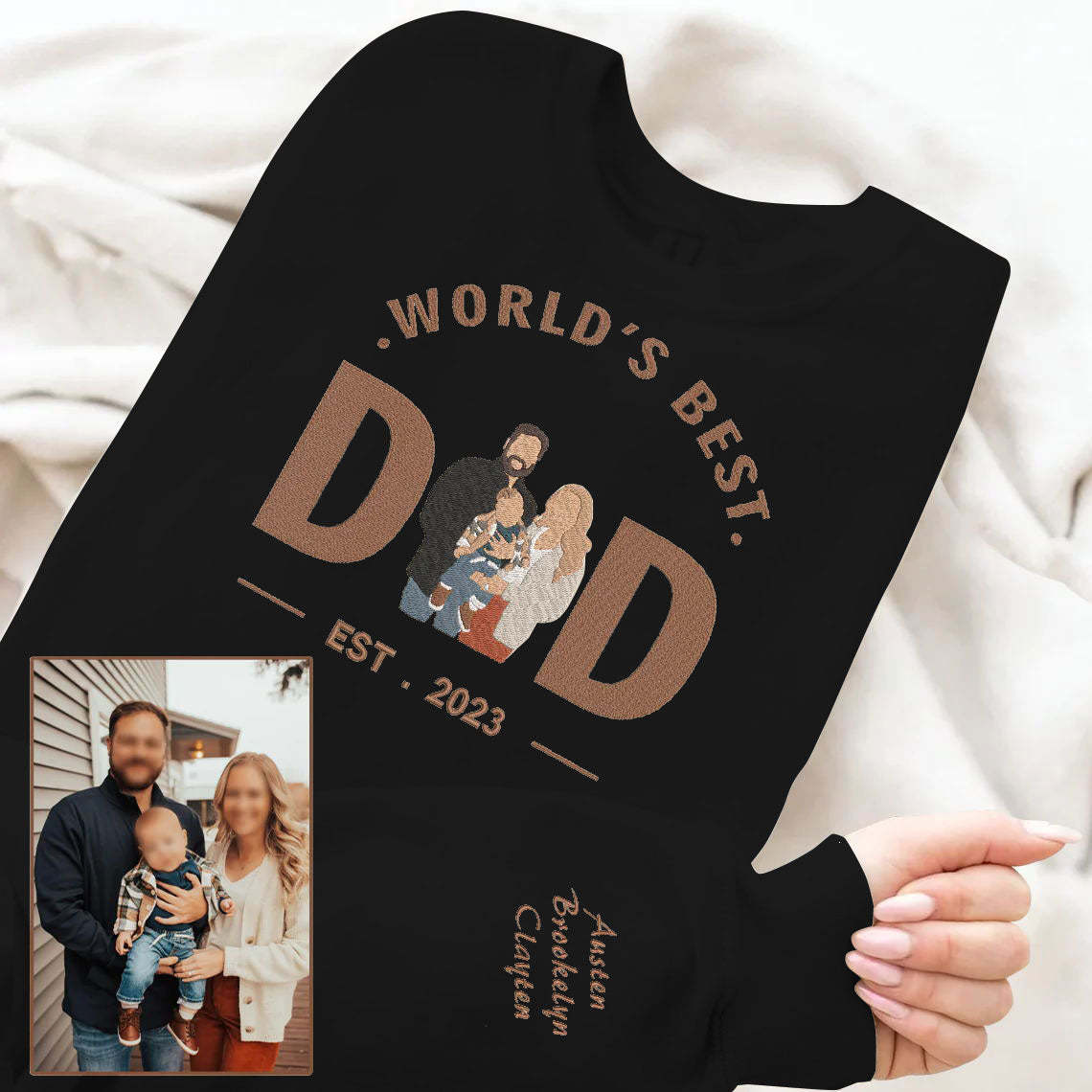 Father's Day World's Best Dad Personalized Embroidered Family Photo Hoodie Sweatshirt T-Shirt