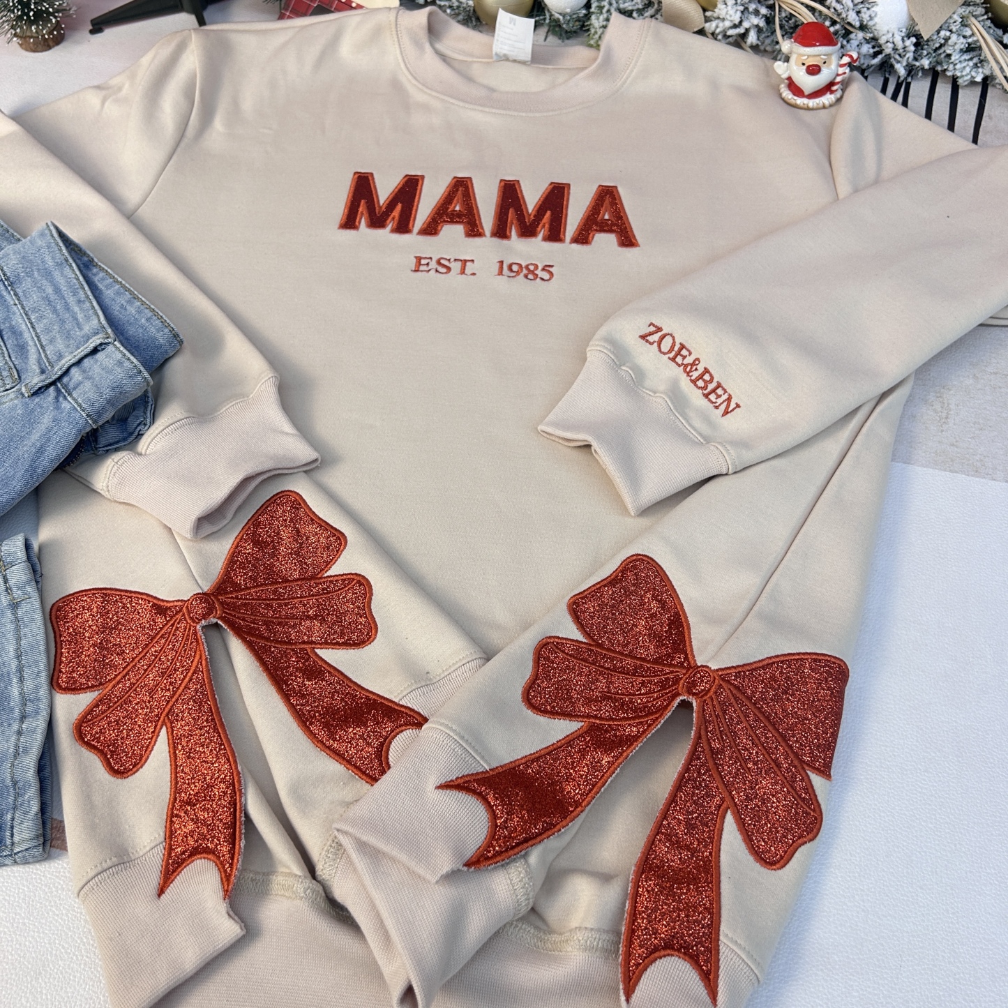 Custom Glitter MAMA Side Bow Embroidered Sweatshirt