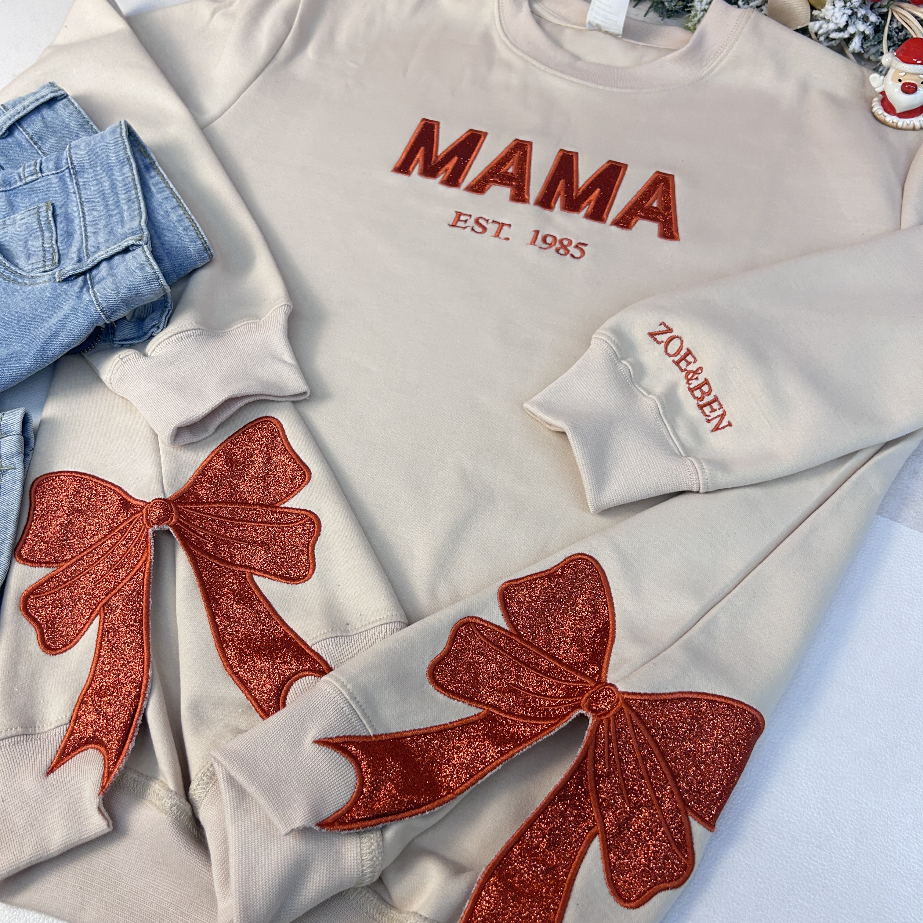 Custom Glitter MAMA Side Bow Embroidered Sweatshirt
