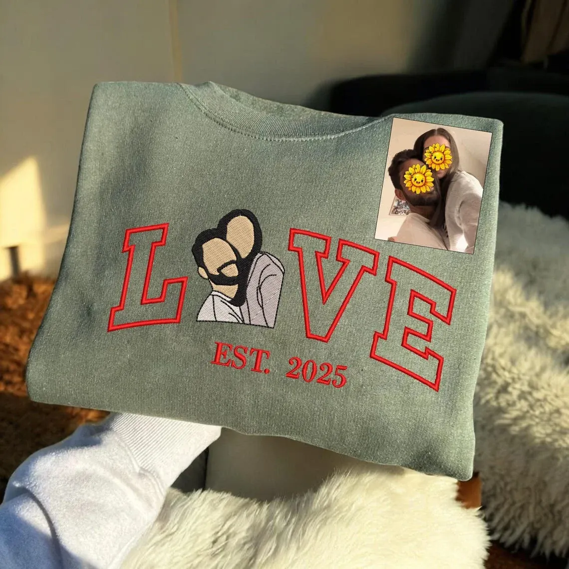 Personalized Embroidered Photo Couple LOVE Est Year Crewneck/Hoodie/T-shirt