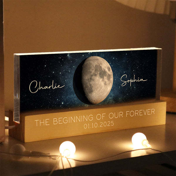 Our Moon Couple Gift Moon Phase Art Personalized Acrylic Block LED Plaque
