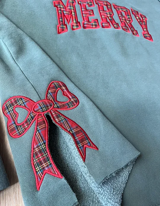 Merry Side Bow Cut-Out Sweatshirt, Plaid Christmas Pullover, Trendy Coquette Bow