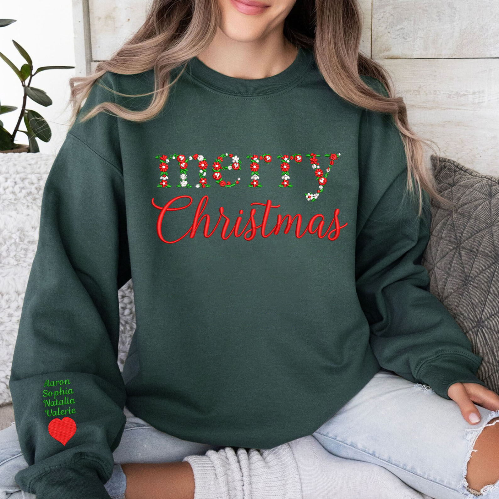 Custom Merry Christmas Floral Embroidered Sweatshirt