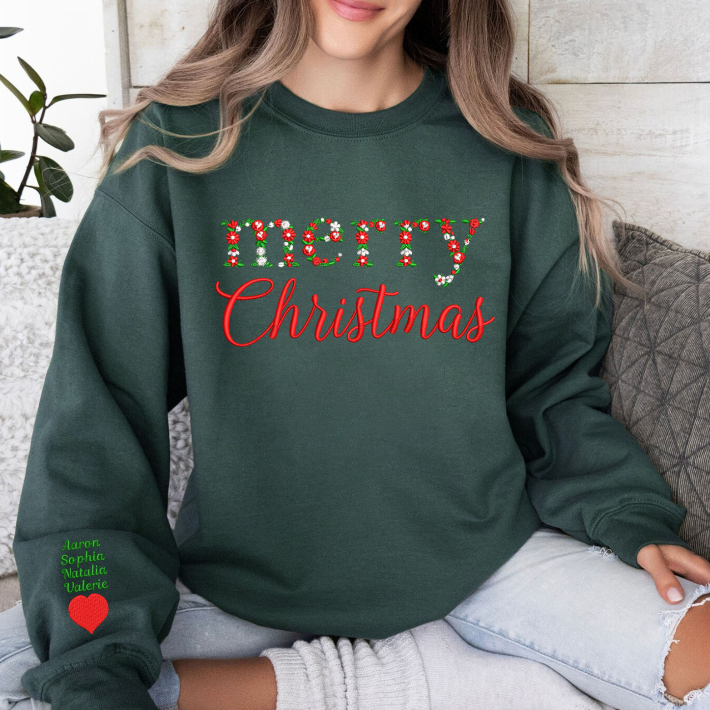 Custom Merry Christmas Floral Embroidered Sweatshirt
