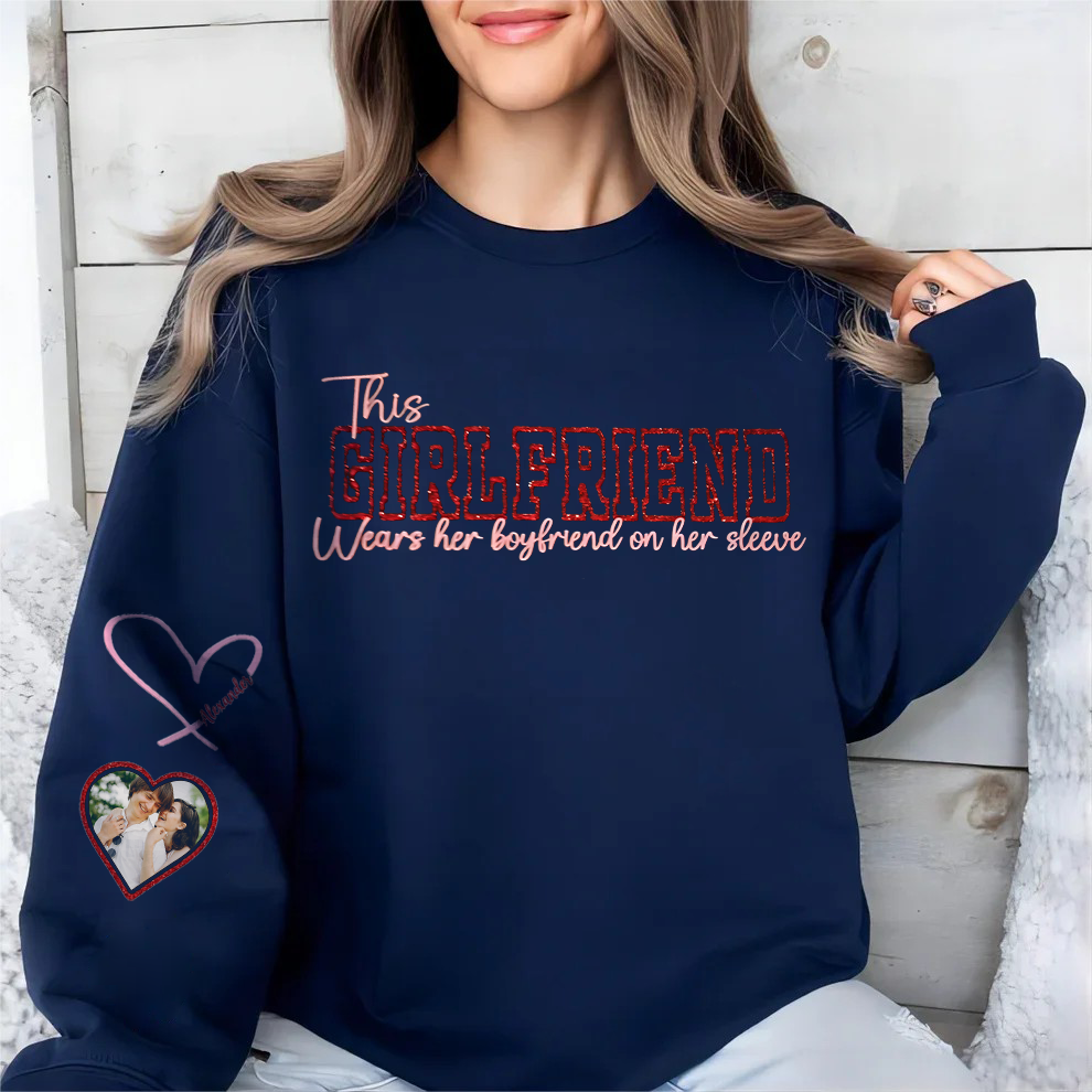 Wear Your Heart on Your Sleeve – Personalized Couple Photo Sweatshirt with Name on Sleeve