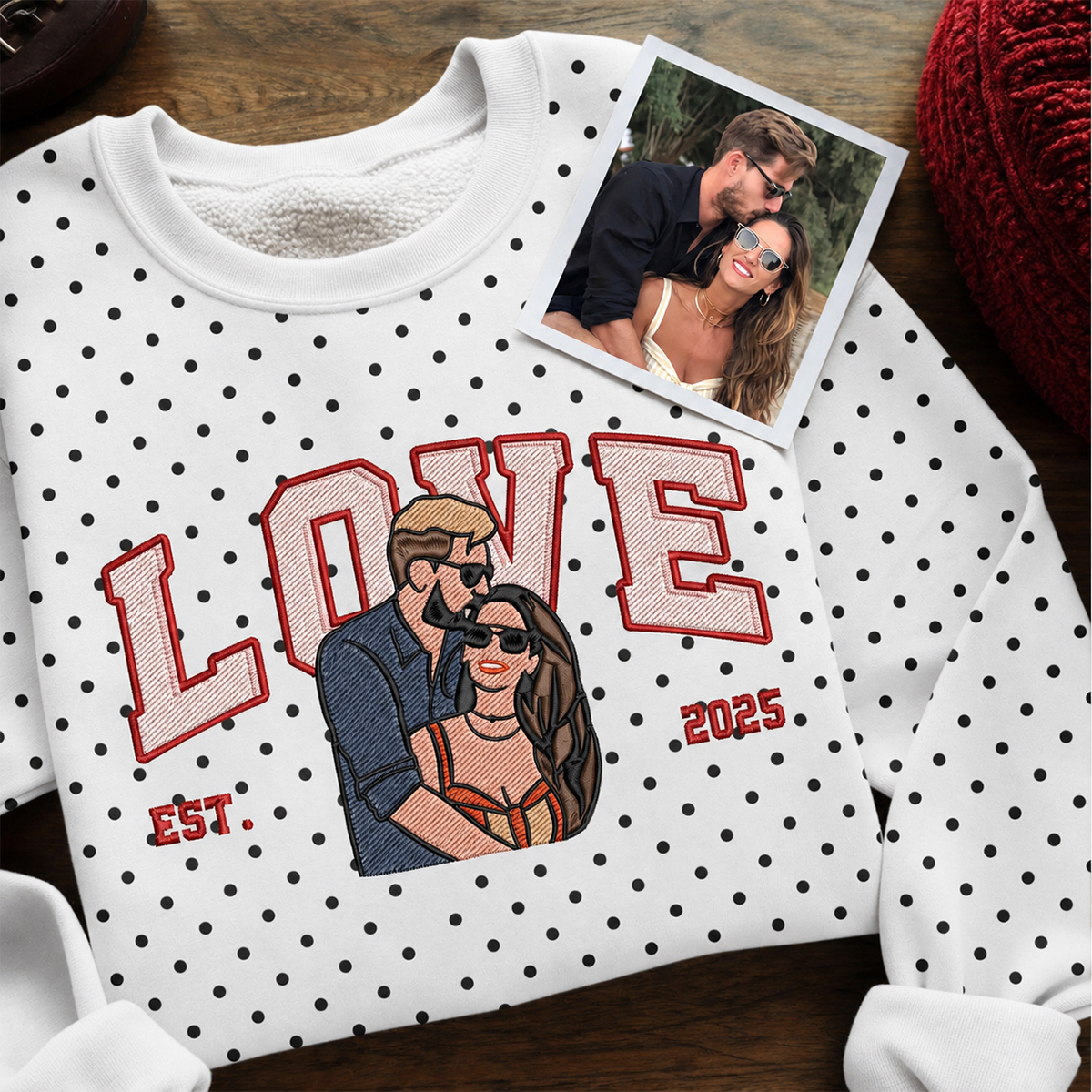 [Copy]Custom Polka Dot Embroidered Portrait Sweatshirt - Personalized Couple Photo Hoodie with Song Lyrics