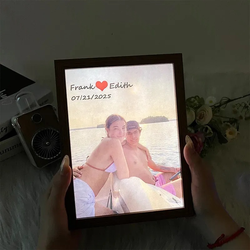 Custom Couple Photo Mirror Light Wooden Box