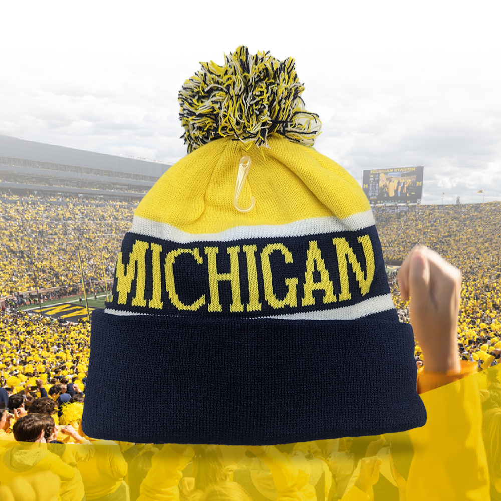 Michigan Winter Beanie Stocking Cap - Pom Pom - Warm, Soft, Knitted - Blue