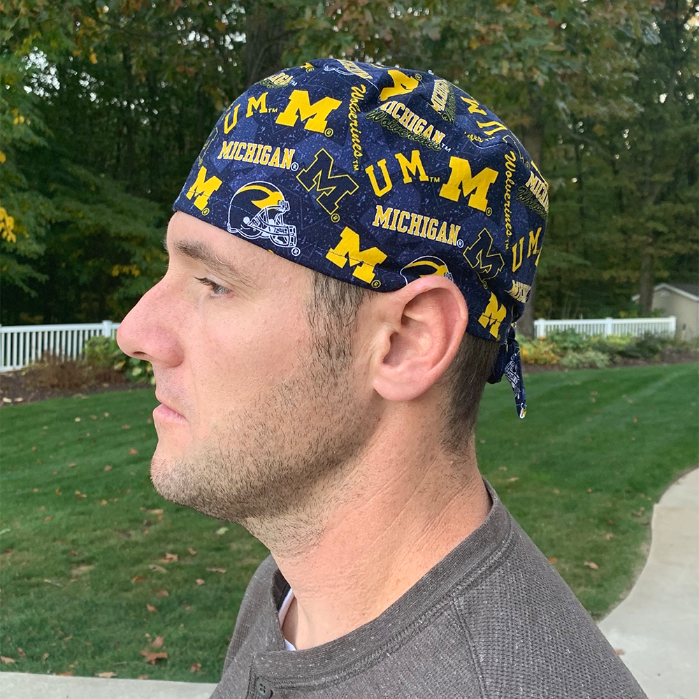 University of Michigan U of M wolverines maize blue skull scrub hat surgery surgical cap OR washable cotton men’s