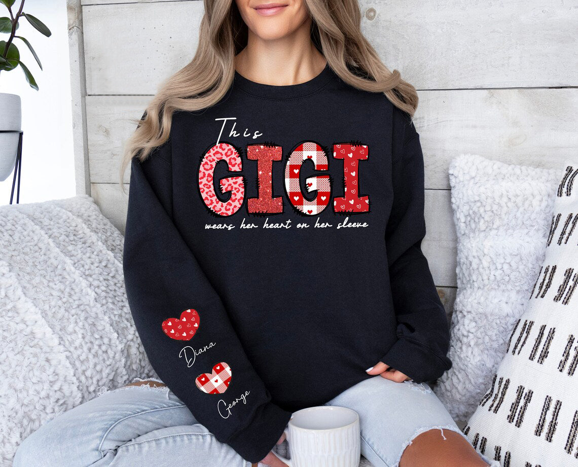 Custom This Mom Wears Her Heart On Her Sleeve Sweatshirt  Shirt with Names On Sleeve