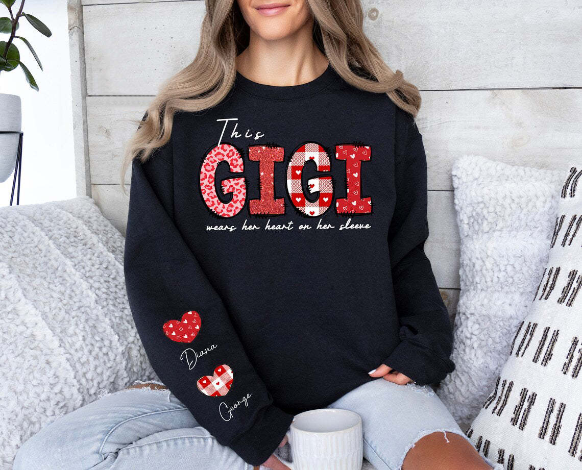 Custom This Mom Wears Her Heart On Her Sleeve Sweatshirt  Shirt with Names On Sleeve