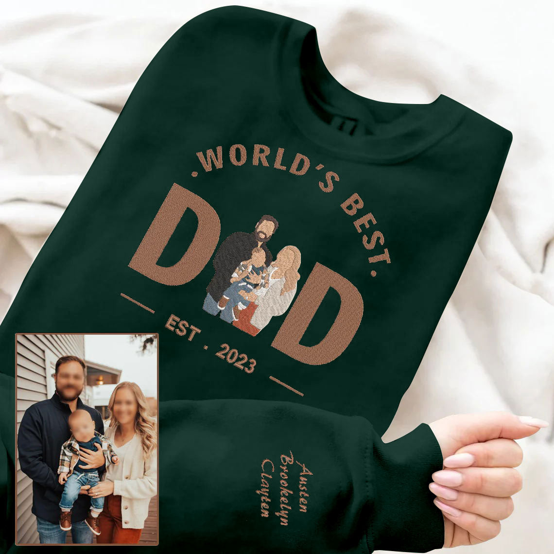 Father's Day World's Best Dad Personalized Embroidered Family Photo Hoodie Sweatshirt T-Shirt
