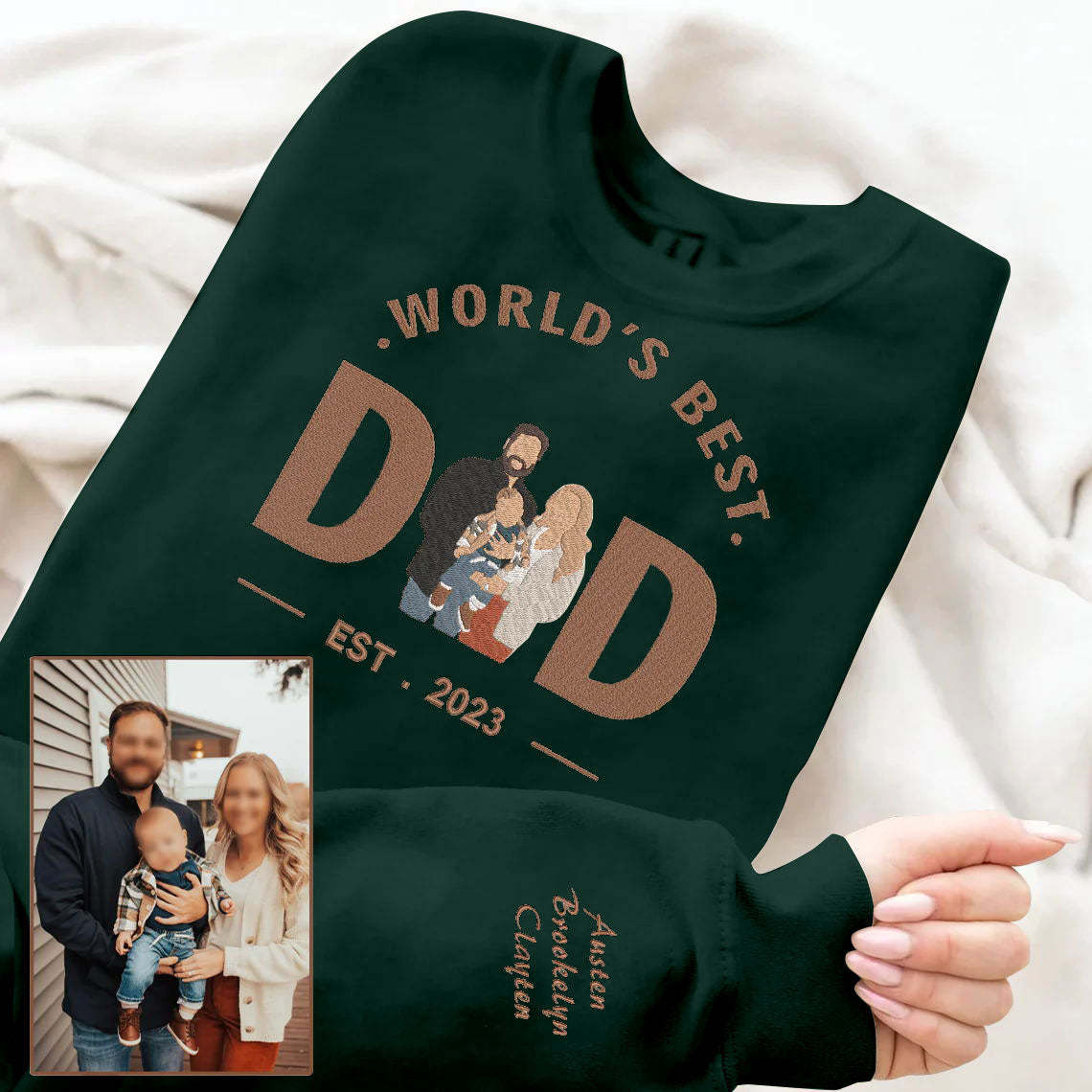 Father's Day World's Best Dad Personalized Embroidered Family Photo Hoodie Sweatshirt T-Shirt