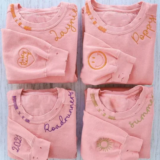 Custom Embroidered Hand Distressed Crew Neck Sweatshirt Colorful embroidery Style