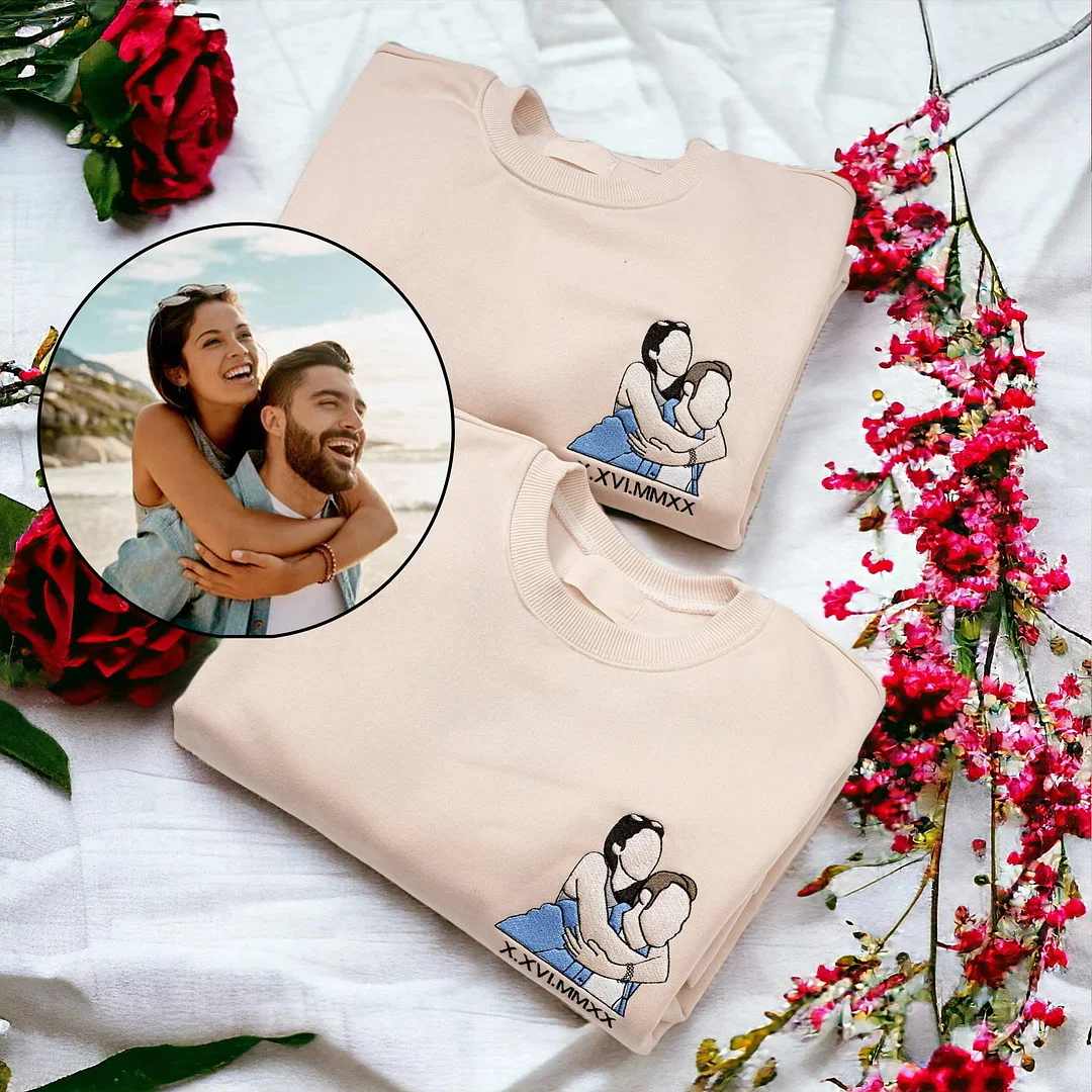 Custom Embroidered Sweatshirt Portrait Couple Family Gift