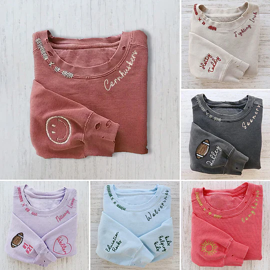 Custom Embroidered Hand Distressed Crew Neck Sweatshirt Colorful embroidery Style