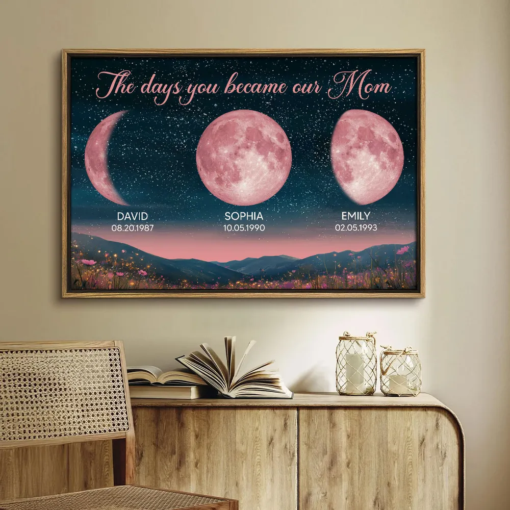 The Days You Became Our Mom Pink Moon Phase Custom Birth Moon Personalized Frame